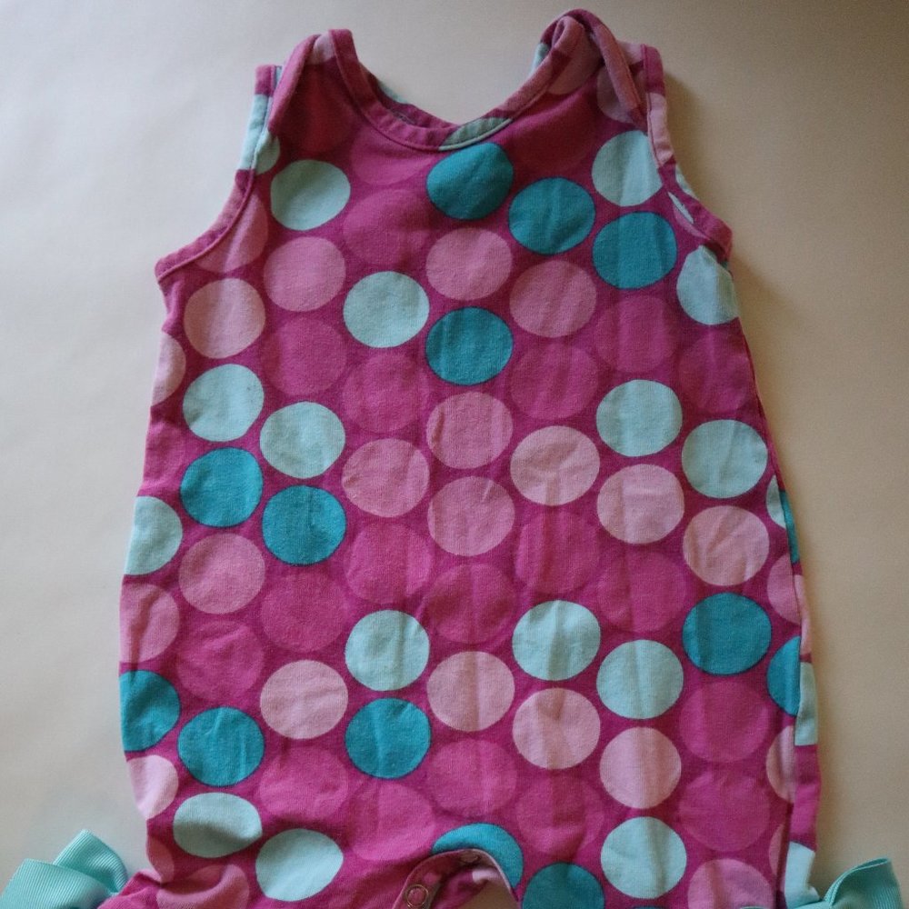 Ricrac and Ruffles Pink Aqua Polka Dot Ruffle Bow Romper 3-6M Baby Girl